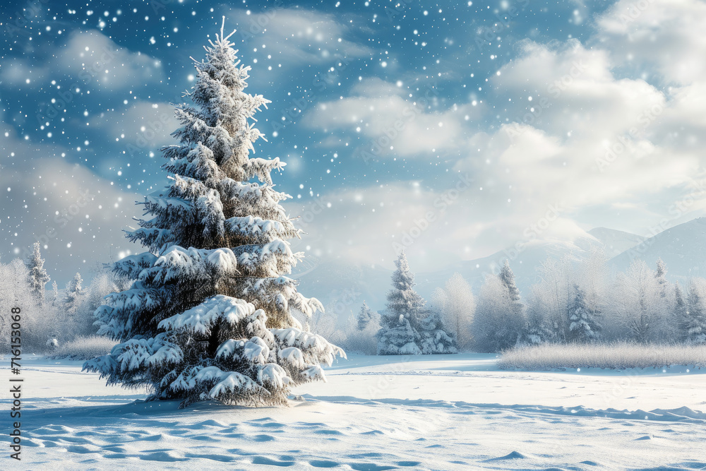 Fototapeta premium Fir tree in winter snow landscape scene