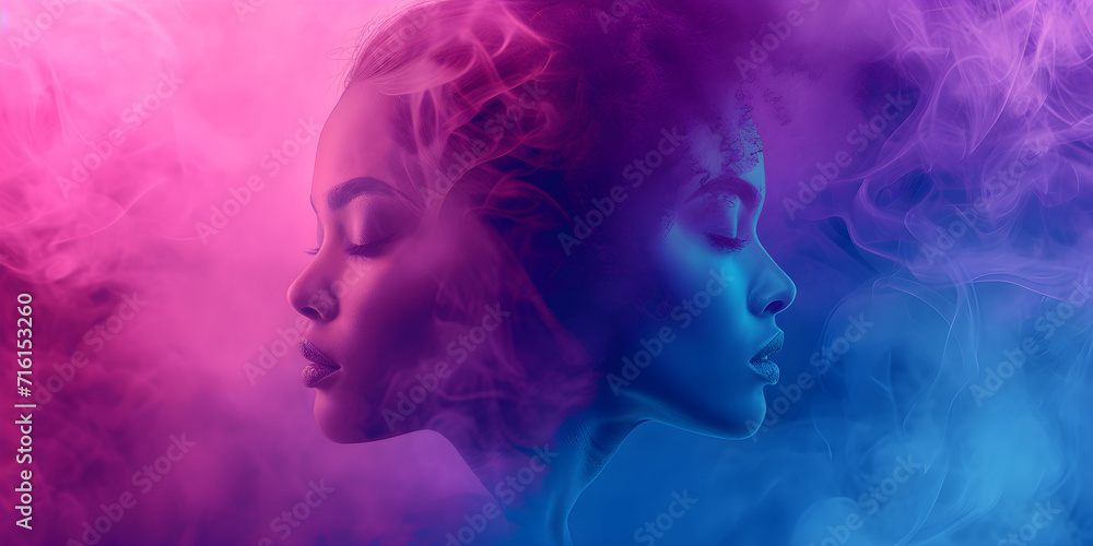 An energetic and stylish background banner in celebration of women's history month or women's day, featuring a bold and vibrant color scheme in dark pink, dark aquamarine, dark purple, light blue