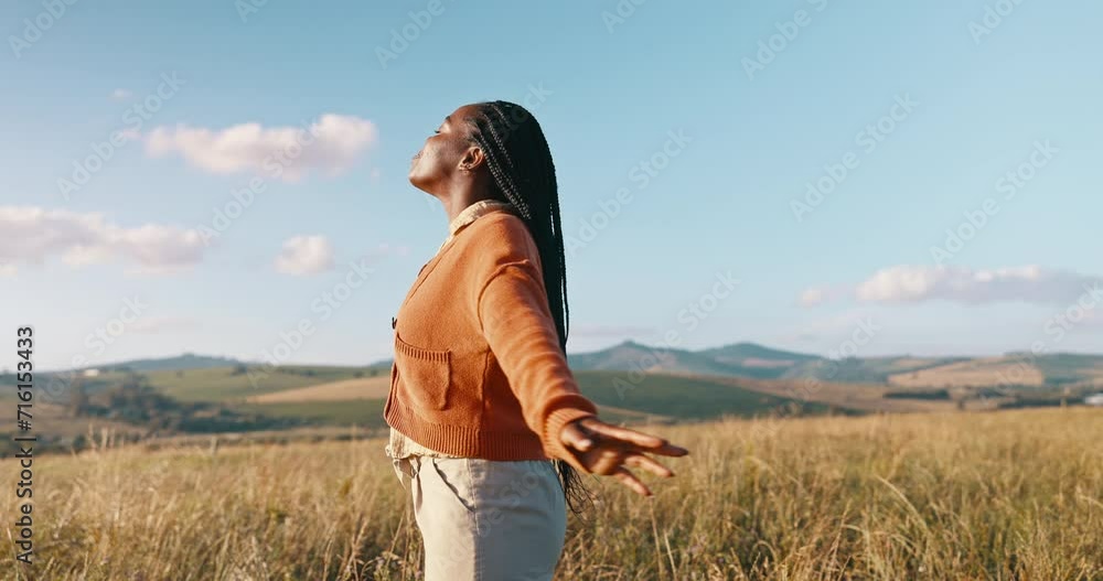 Happy, field and black woman with peace, sunshine and vacation with nature, fresh air and journey. African person, outdoor and girl with happiness, adventure and summer break with health or freedom Happy, field and black woman with peace, sunshine and vacation with nature, fresh air and journey. African person, outdoor and girl with happiness, adventure and summer break with health or freedom
