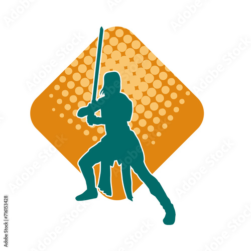 Silhouette of a female fighter in action pose carrying sword weapon.