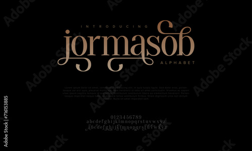 Jormasob premium luxury elegant alphabet letters and numbers. Elegant wedding typography classic serif font decorative vintage retro. Creative vector illustration