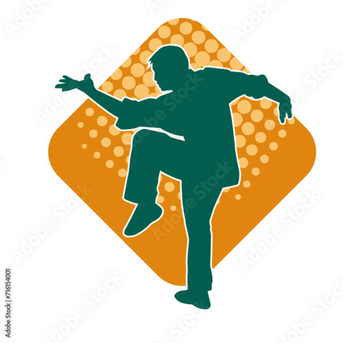 Silhouette of a man in oriental martial art pose. Silhouette of a male in martial art move.