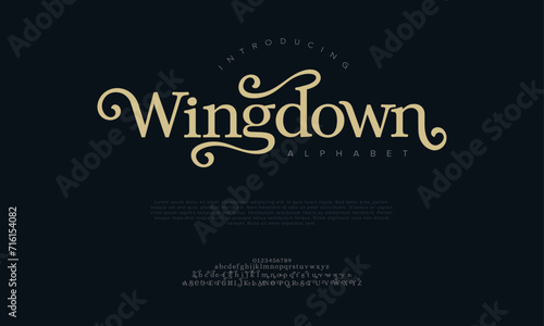 Wingdown premium luxury elegant alphabet letters and numbers. Elegant wedding typography classic serif font decorative vintage retro. Creative vector illustration