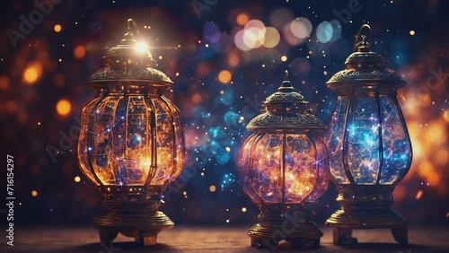 Ramadan kareem eid al fitr with Ornamental Arabic lantern with burning candle in the night. 4K animated background. photo