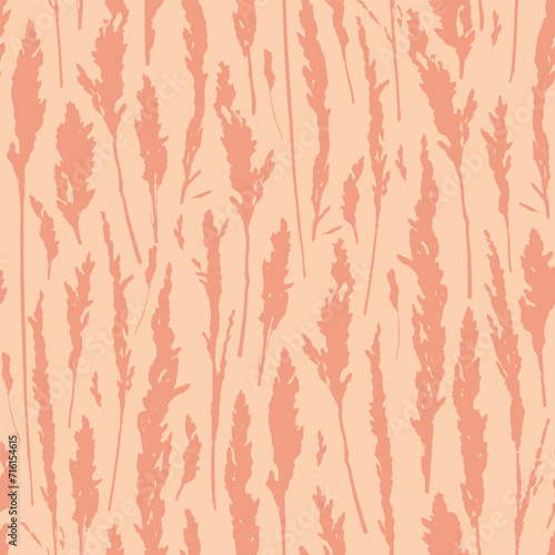 Pampas grass silhouette seamless pattern peach fuzz color. Herbs background for postcards, wallpaper, wrapping paper.