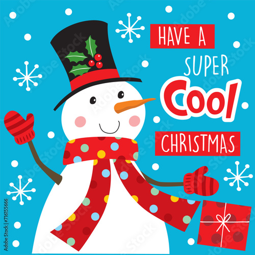 Christmas card with snowman in blue
