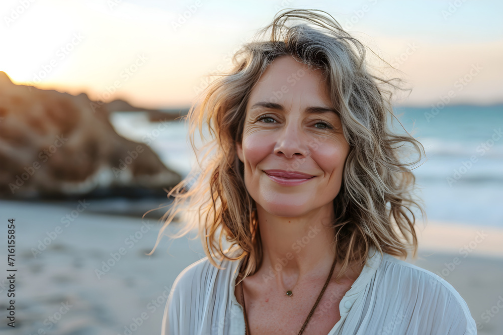 A portrait of a smiling mature woman standing on a beach on a sunny day.
