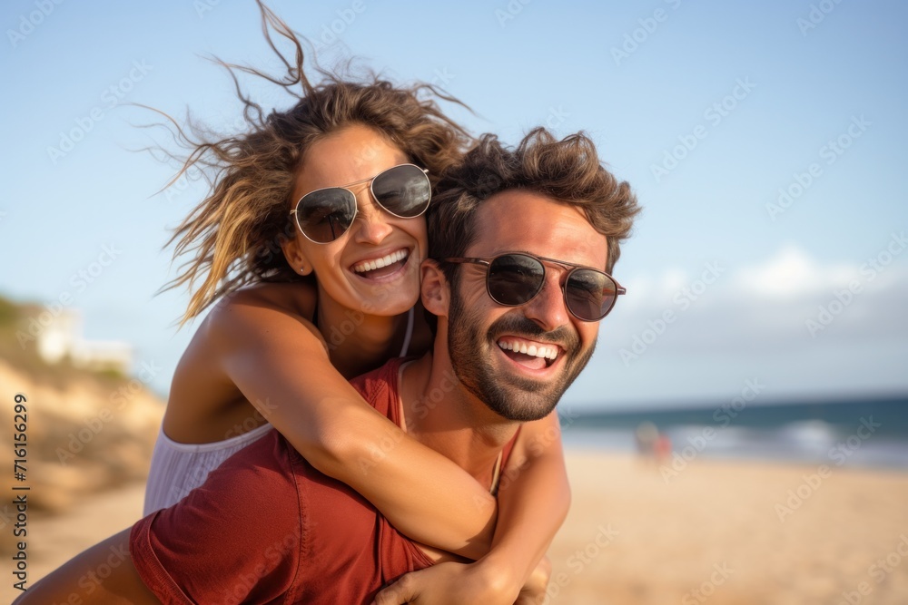 Happy couple enjoying piggyback riding at the beach in summer, relaxing Happy couple enjoying piggyback riding at the beach in summer, relaxing