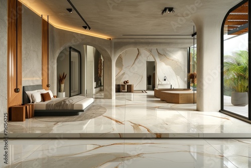 Interior design: open, with a bed, marble floor.
