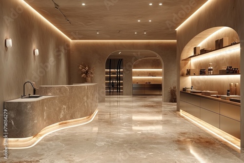 Modern minimalist fashion store  indirect ceiling lighting. Plaster on the wall Beige plaster  highly realistic.