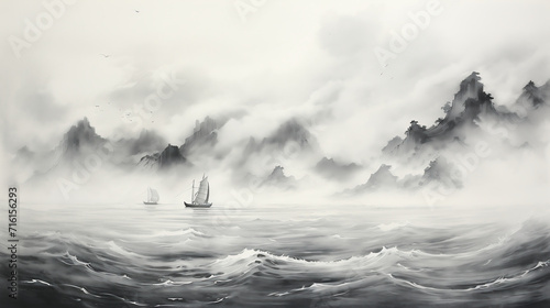 surfing in the fog, Ink landscape painting