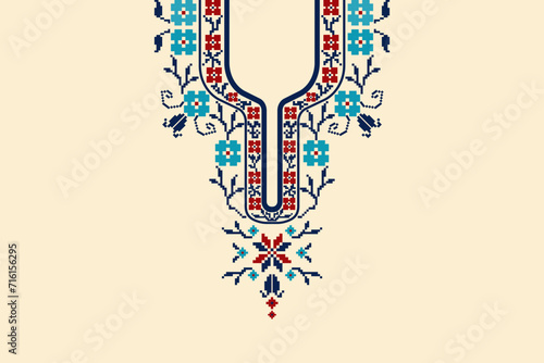 Geometric Indian necklace design, floral pattern, necklace embroidery kaftans design for fashion woman, bohemian necklace, neckline, clothing, vector illustration.