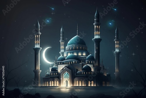 mosque lit up at night showing stars and moon. ramadan kareem. seamless looping 4K video animation background