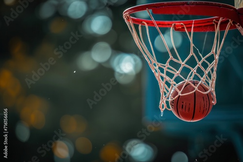 The floating basketball ball is falling into the basketball hoop photo