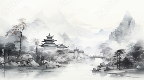 landscape in the fog, Ink landscape painting