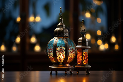 Arabic lantern on a wooden table. Ramadan Kareem concept.