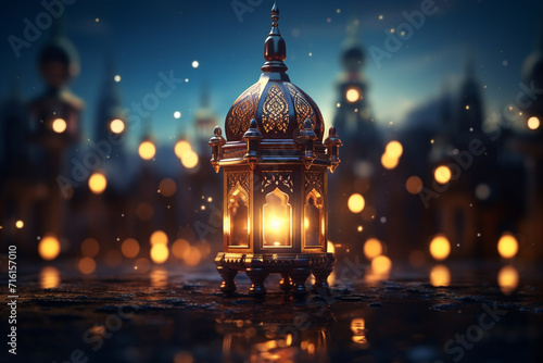Arabic lantern on a wooden table. Ramadan Kareem concept. © Sahil