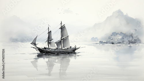 ship in the sea, Ink landscape painting © Anpm