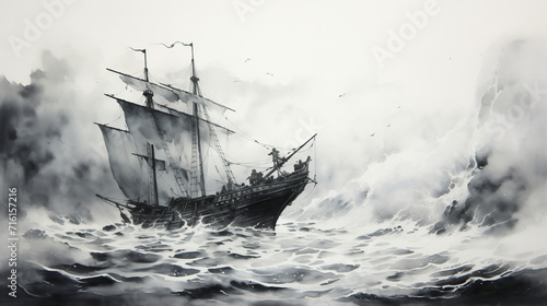ship in the sea, Ink landscape painting