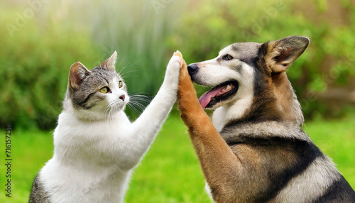 Cat and Dog Making a High-five photo