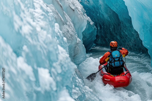 closeup An ice climber leading up from inflatable canoe in a glacier