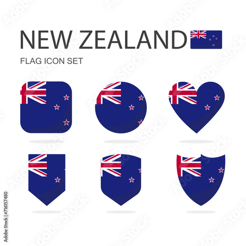 New Zealand 3d flag icons of 6 shapes all isolated on white background.