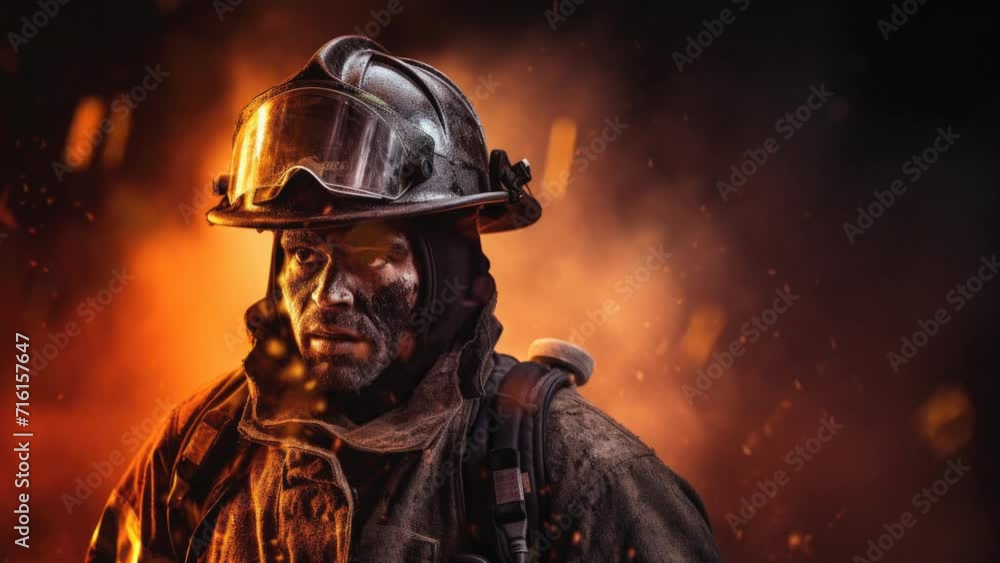 Dramatic silhouette of firefighter with equipment and burning fire background, loop video Dramatic silhouette of firefighter with equipment and burning fire background, loop video