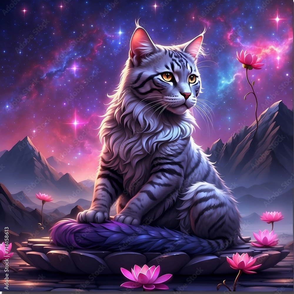 A majestic feline, its coat a mesmerizing blend of purples, blues, and pinks, sitting in a lotus position as it meditates under a starry sky.