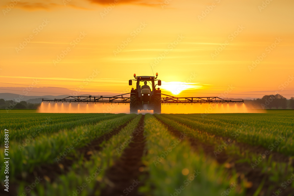 Fototapeta premium Farm tractor at sunset with sprayer, spreading pesticides in the field. Agricultural machinery working under the warm glow of the setting sun.