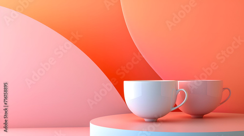 Two White Cups on Table, A Simple and Clean Photo Composition. Podium background for product mockup