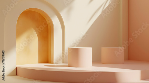 Light-Colored Arch in White Room With Wall. Podium background for product mockup