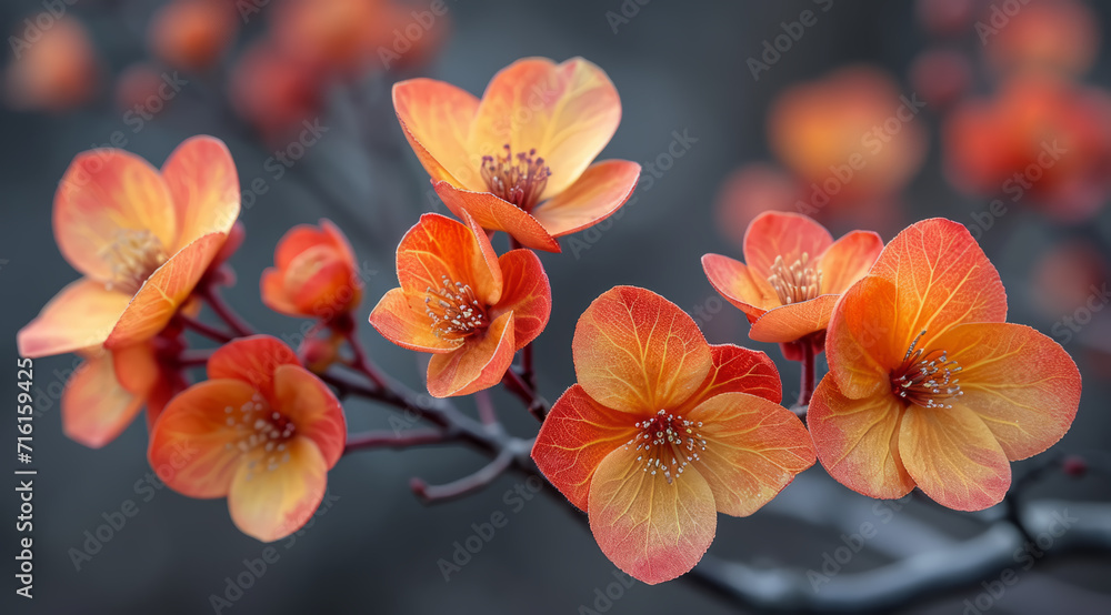A branch of Vivid Berberis thunbergii orange-red flowers against a soft-focused background A branch of Vivid Berberis thunbergii orange-red flowers against a soft-focused background