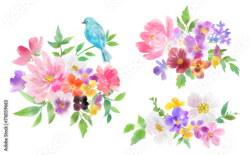 青い鳥とパンジー、カラフルな草花の背景用ベクターイラスト単体セット