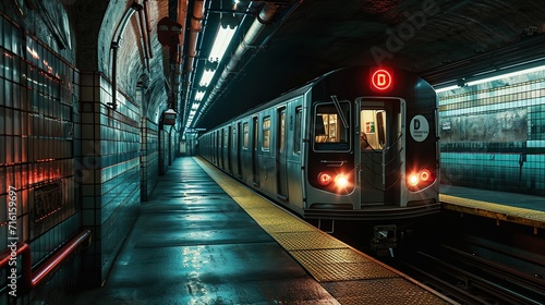 subway train in subway underground. Nobody at train station in the night, copy space for text.