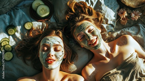 Two girls make homemade face and hair beauty masks. Cucumbers for the freshness of the skin around the eyes. Women take care of youthful skin. cute couple concept.