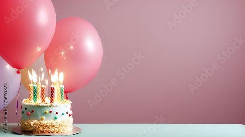 Birthday cake with colorful candles on pink background.