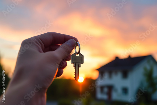 Hand Holding Key in Front of House at Sunset. Real Estate, Homeownership, and New Beginnings Concept with Text Space