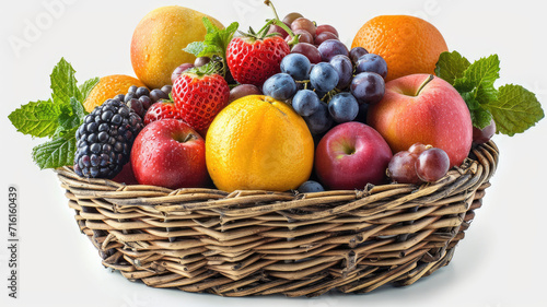 vibrant watercolor fruit basket full of fresh apples, berries, and grapes, isolated white background. perfect for healthy lifestyle and nutrition themes