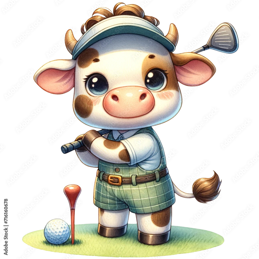 Fototapeta premium Cute cow play golf,watercolor illustration,cow png clipart,perfect for nursery art