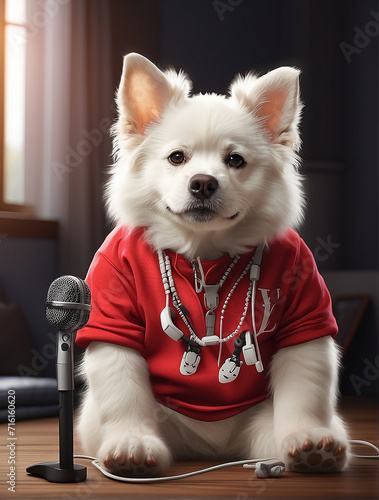 A fashionable white dog wearing a chain around his neck 