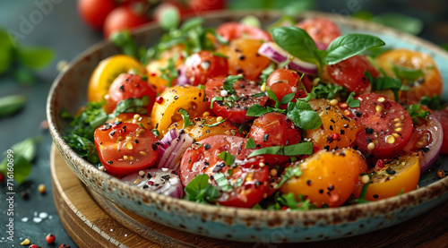 Caprese-style Mediterranean tomato salad with fresh basil, mozzarella, and a balsamic olive oil dressing, AI generated.