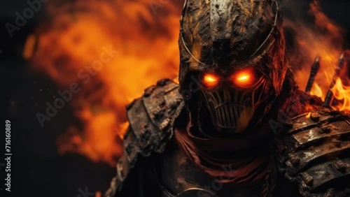 Evil knight wearing black armor with flaming eyes and burning fire, background video loop photo