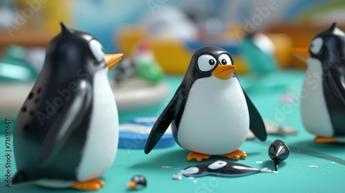 Cartoon scene While the other penguins are focused on the game one sneaky penguin steals a fishshaped pin and starts a game of keep away much to the annoyance o photo