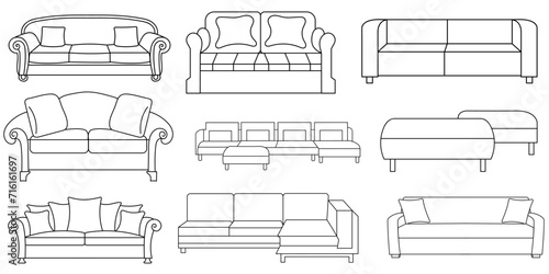 Sofa line Icons. Furniture design. Collection of sofa illustration. Modern furniture set isolated on white background.