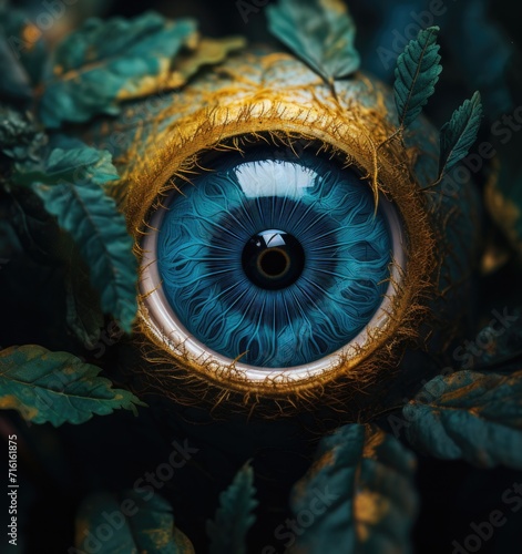 A blue eye is seen in the middle of a green plant. Generative AI.