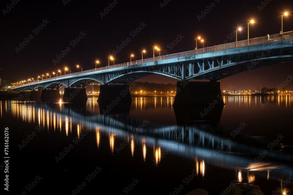 nighttime bridge over water, illuminated by lights, with water reflections. Generative AI