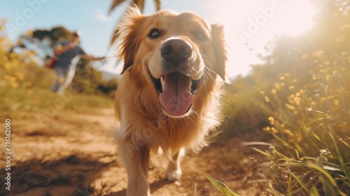 Golden Retriever gets close up and personal with the camera while outdoors walking with his owner in county park on a sunny day
 photo