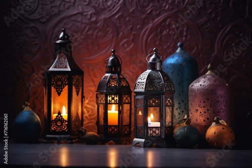 traditional Arabian lantern on festive Ramadan backdrop. Generative AI