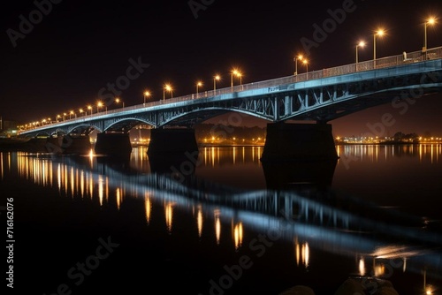 nighttime bridge over water, illuminated by lights, with water reflections. Generative AI © Aiden