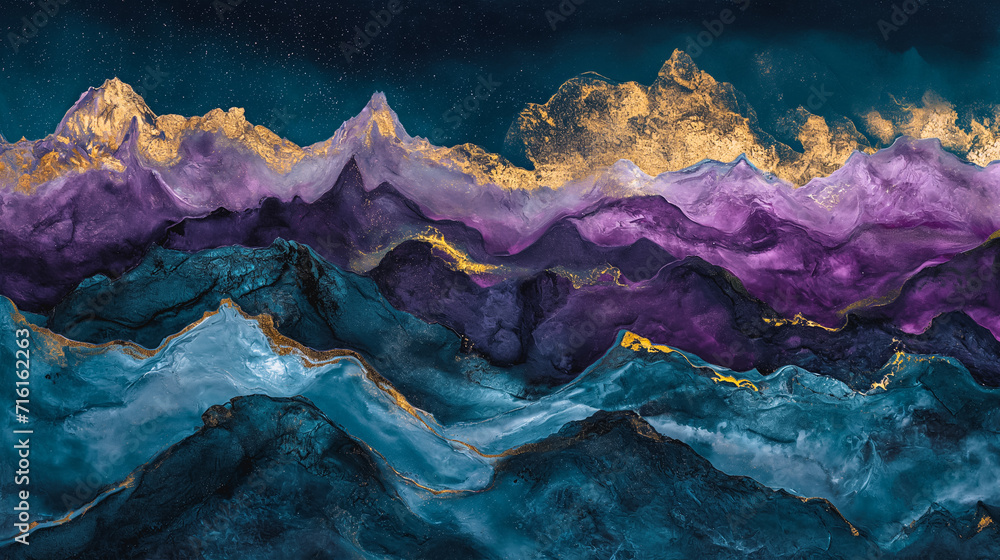 Abstract painting of a mountain range with gold clouds and a blue sky. Navy blue, purple, turquoise dark colors illustration for copy space. Graphic resource Vita background, web, mobile banner - obrazy, fototapety, plakaty 